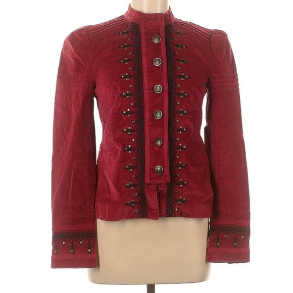 Free People Maven Pintuck Military Red Velvet Velour Jacket - Picture 1 of 8